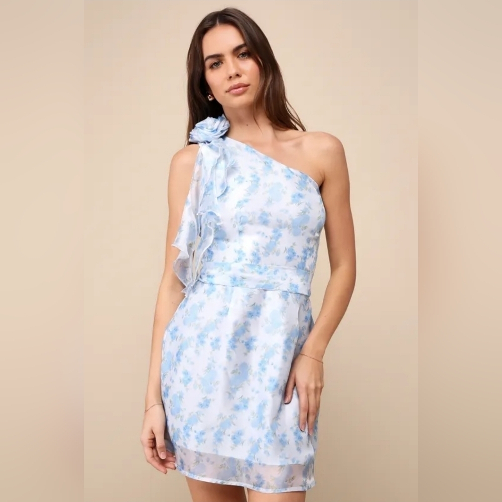 NWT Lulus Profound Bloom Light Blue Floral Rosette One-Shoulder Mini Dress XL
